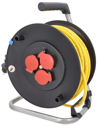 as - Schwabe Profi-Kabeltrommel – 40 m Panzerkabel-Leitung 230 V / 16 A –Trommel mit 3 Schutzkontakt-Steckdosen inkl. Schutzklappe & Thermoschutzschalter– IP44 – Made in Germany – Schwarz, 10137