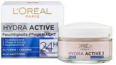 L'Oréal Paris Soin de Nuit pour le Visage Anti-Âge Hydratant aux Oméga 3 et 6 Crème Hydratante de Nuit Hydra Active 3 1 x 50 ml