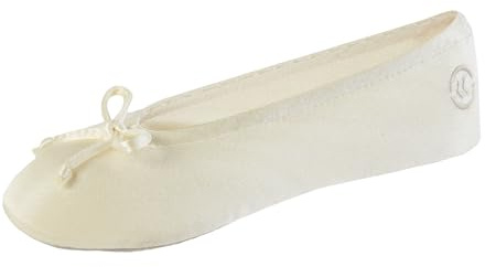 isotoner Women's Satin Ballerina Slipper with Bow, Suede Sole, Cream X-Large / 9.5-10.5 US