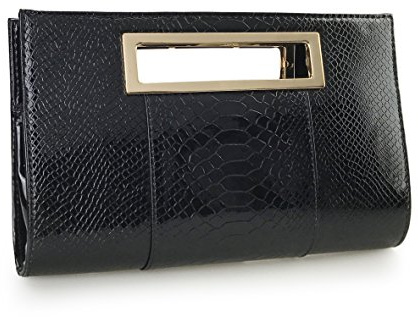 HOXIS Classic Crocodile Pattern Faux Patent Leather Metal Grip Cut it out Clutch with Shoulder Strap Womens Handbag(Black)