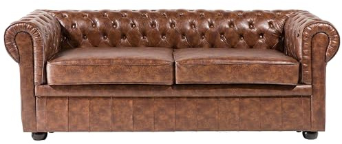 Canapé en Cuir PU Marron Doré Assise Rembourrée Large Dossier Chesterfield