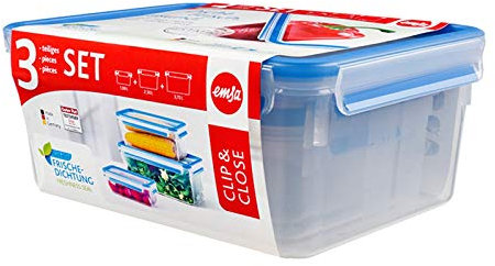 EMSA Clip & Close Frischhaltedosen-Set, rechteckig, 1,00 u. 2,30 u. 3,70 L, Aufbewahrungsboxen, 100 Prozent dicht, spülmaschinen-, gefrier-, mikrowellenfest, Transparent, Blau, Made in Germany, 508567