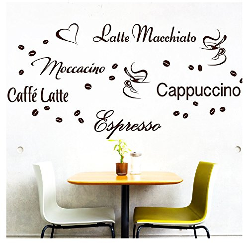 Wandora Wandtattoo Kaffee-Sorten I dunkelrot I Herz Kaffeetasse Kaffeebohnen Küche Esszimmer Sticker Aufkleber Wandaufkleber Wandsticker G006