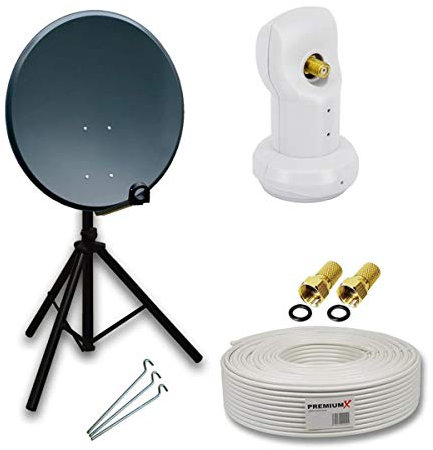 PremiumX Camping Satelliten-Komplettanlage 80cm Aluminium Satellitenschüssel SAT Single LNB 10m Kabel F-Stecker Dreibein-Stativ