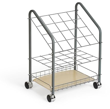 Pemberly Row Tubular Steel Wire Roll File, 20 Compartments, Chrome Plated Grids, Light Gray Finish, 18 3/8 W x 14.25 D x 23 3/8 H, Twin Wheel Casters, Lightweight Organizer for Drawings or Plans