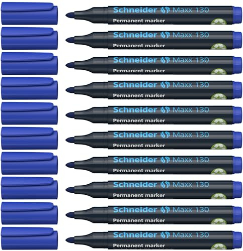 Schneider Maxx 130 Permanent-Marker mit Rundspitze (Strichstärke: 1-3 mm, nachfüllbar) 10er Packung blau | Rundspitze, Strichstärke 1–3 mm, schnelltrocknend und wasserfest, nachfüllbar – für Karton, Folie, Glas, Metall, Holz, Stein