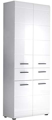 trendteam smart living - Skin - Hochschrank - Weiß/Weiß Hochglanz - Badschrank 12 Fächer und 2 Schubladen - (BxHxT) 30 x 182 x 31 cm - Schwarze Griffe - Kratzfest