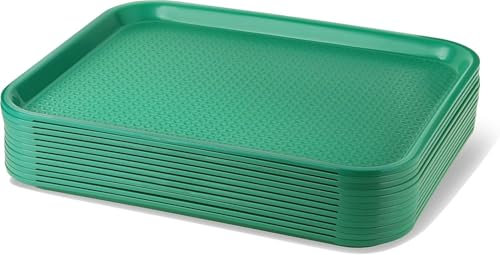 New Star Foodservice Fast Food Tray, 14 x 18 Inch Reusable Plastic Cafeteria Serving Tray, Textured Non-Slip Surface, Stackable Restaurant Tray, Green, Set of 12