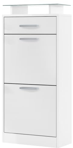 Vladon Zapatero Loret V2, Armario para Zapatos para 8 Pares de Zapatos con 2 Puertas abatibles, 1 Cajón y Estante de Cristal, Blanco Mate/Blanco Mate (46 x 104 x 23 cm)