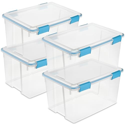 Sterilite 4-Pack 54 Quart Gasket Box, Home Storage Organizer Bins with Lids - Stackable Clear Plastic Containers for Bedroom, Bathroom, Garage, Basement, or Attic