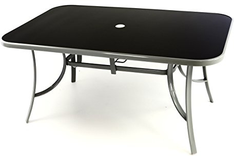 Nexos Gartentisch Esstisch Terrassentisch Glastisch Buffettisch Balkon-Tisch Glasplatte schwarz Gestell-Farbe Silber-grau 150 cm Stahl mit Schirmloch