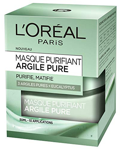 L’Oréal Paris - Masque Argile Visage Purifiant - Soin Matifiant & Anti-Fatigue - Aux 3 Argiles Pures & Extraits d'Eucalyptus - Résultats Rapides & Visibles - Tous Types de Peaux - 50 ml | Texture masque-crème ultra-fondante, Non desséchante, Sensation bien-être immédiat, Tous types de peaux