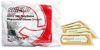 Shield Polythene Disposable Gloves and Oqard Cleansing Wipes (Small)