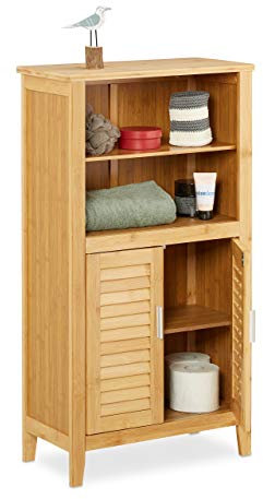 Relaxdays Badezimmerschrank Bambus, HBT: ca. 92 x 50 x 25 cm, Badschrank mit Türen in Lamellen-Optik, natur, 1 Stück