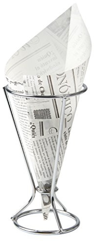 Fackelmann Supporto per finger food con sacchetto di pizzo, porta patatine fritte con 5 sacchetti di carta oleorepellente, porta snack con sacchetti di design giornale (colore: argento, bianco/nero),