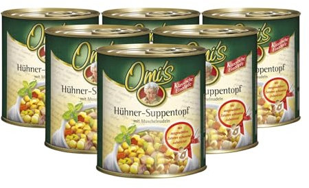 Buss Omi’s klassische Hühnersuppe - Traditioneller Suppentopf mit Nudeln und Hühnerfleisch - Schnelle Fertiggerichte zum Aufwärmen in Mikrowelle & Topf - 6 x 800g