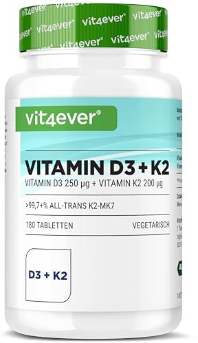 vit4ever Vitamin D3 10.000 I.E + Vitamin K2 200 µg MK7 Depot - 180 Tabletten - Hochdosiert - 99,7% All-Trans MK7 -Vegetarisch - Premium Qualität - Ohne unnötige Zusätze