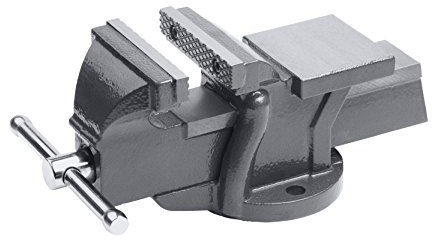 Meister Schraubstock - Feststehend - 100 mm Spannweite - Hochwertige Stahlbacken - Sicheres Fixieren von Werkstücken / Tischschraubstock mit Schutzbacken / Massiver Schraubstock aus Grauguss / 5133500