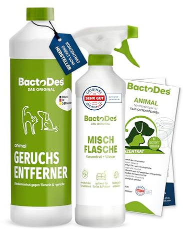 BactoDes Animal Geruchsneutralisierer 1L I Enzymreiniger mit biologischer Mikrobenkraft & Tiefenwirkung inkl. Spray-Mischflasche I Effektiver Geruchsentferner gegen Tierurin & starke Gerüche