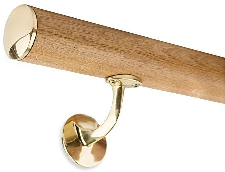 Round handrail set 45 mm x 1500 mm long, varnished oak wood including brass end cap and 2 holders