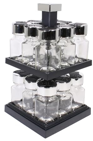 CMP KB5755 Carrousel à épices Distributeur carré rotatif 16 pots 2 étages Noir et transparent Plastique et verre Couvercles double clapets H29 x 16 x 16cm