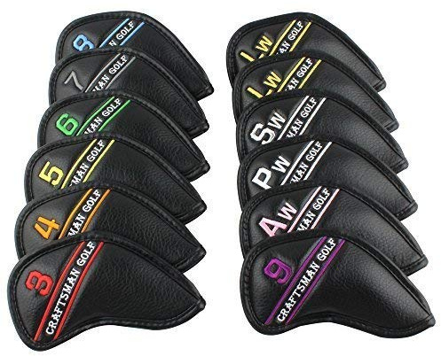 CRAFTSMAN GOLF 12pcs Black Synthetic Leather Golf Iron Head Covers Set Headcover with Colorful Number Embroideried,Easily get The Needed Iron for Callaway, Ping, Taylormade, Cobra Etc.