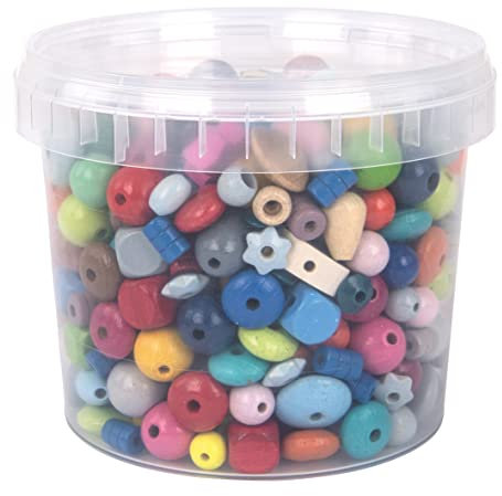 Rayher 1209500 Holz-Perlen, bunt, 4-16 mm ø, Dose 380g