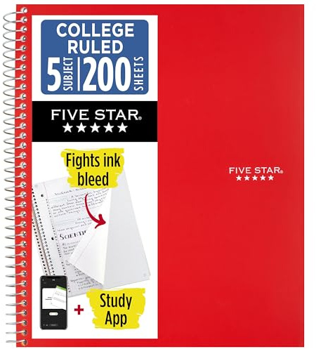 Five Star Spiral Notebook + Study App, 5 Subject, College Ruled Paper, Fights Ink Bleed, Water Resistant Cover, 8-1/2 x 11, 200 Sheets, Red (72077)