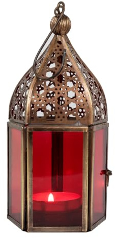Faroles, faroles de jardín, faroles de Hierro, orientales, marroquíes, árabe-mediterráneos, de Marruecos (Meena 16cm) para Velas. (Rojo)