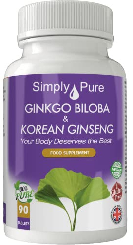 Simply Pure Ginkgo Biloba & Korean Ginseng for Improved Cognition and Healthy Ageing | 3000mg/1000mg x 90 Tablets | 100% Natural | Gluten Free | GM Free | Vegan