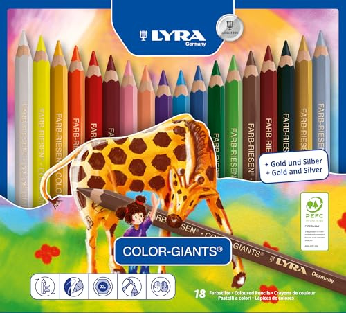 LYRA Farb-Riesen, Holzfarbstifte, hexagonal, Jumbo, lackiert, Mine 6,3 mm, Metalletui, 18 sortierte Farben