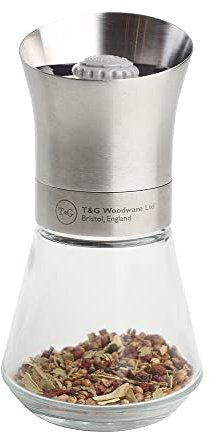 T&G CrushGrind Spice Mill with Stainless Steel Top & Glass Base, 12.5 cm, Whole Dried Herbs Spices Seeds Chilli Flakes/Fully Adjustable Ceramic Manual Grinder