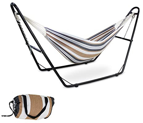 Todeco Amaca da Giardino con Supporto, Amaca da Giardino 2 Posti Regolabile, Struttura Amaca con Borsa, Portata 200 kg Ideale per Campeggio e Spiaggia (Marrone)
