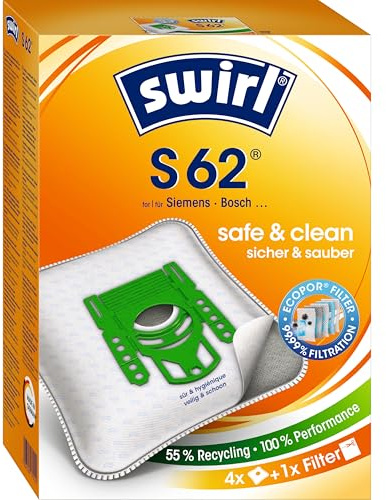 Swirl S 62 EcoPor Staubsaugerbeutel (4 Beutel), reißfeste Staubbeutel für einige Siemens & Bosch Staubsauger, 99,9% Filterung von Hausstaub & allergenem Feinstaub