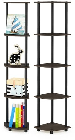 Furinno TURN-N-TUBE Corner Shelf Set of 2, 5-Tier Corner Bookshelf, Open Storage Shelves, for Organization and Storage, Living Room, Home Office, Garage, Dark Brown Grain