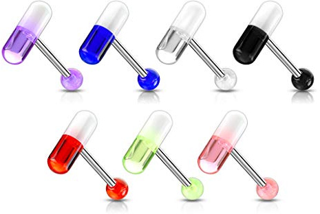 Lot 7 Piercings Langue PIPER Gélule Pilule Médicament Acier Chirurgical Inoxydable Anti Allergique Barbell LOVEPIERCING