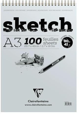Clairefontaine - Ref 96642C - Elfenben trådbunden skissblock (100 ark) - A3 (420 x 297 mm) i storlek, 90 gsm papper - lämplig för skissning med penna, kol