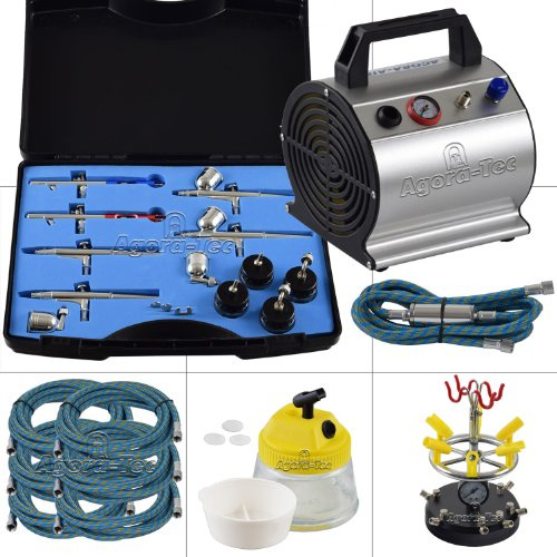 Agora-Tec® Airbrush Komplett-Set ADVANCED VI, Komplettsystem für Airbrushanwendungen, inkl. Kompressor mit 3,1 bar und 20l/min & 0.3l Tank + 6 Airbrushpistolen mit 4 versch. Nadeln/Düsen + 8-fach Pistolenhalter + Clean Pot + 7 Schläuche