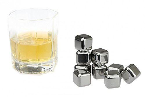 KOBERT GOODS - 4 Whisky-Steine in Farbe Edelstahl Eckig - wiederverwendbare Kühlsteine aus echtem Speckstein od. gebürstetem Edelstahl - Eiswürfelersatz (eckig/ oval) für perfekte Kühlung ohne Verwässerung - mit Stoffbeutel