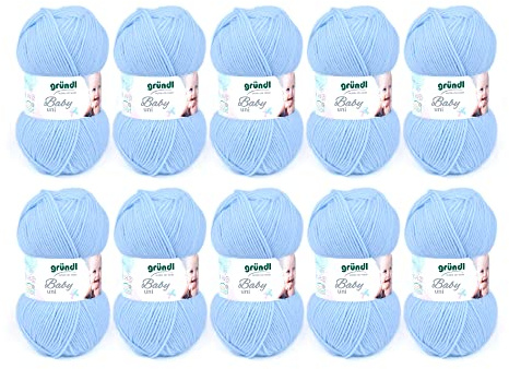 Gründl Baby uni stickgarn/virkgarn (OEKO-TEX certifierad babyull, slitstark, lätt att rengöra, 70% polyakryl 30% polyamid, 50 g/150 m, nåltjocklek: 3,5–4,5, 10 x 50 g) pastellblå