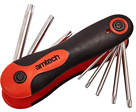 Amtech 8pc Folding Torx Key Set (T9 T40), Chrome Vanadium Steel with Satin Finish & Soft-Grip Handle for Automotive, Furniture & DIY Projects
