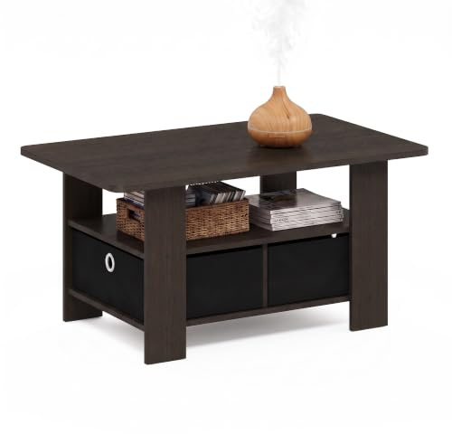 Furinno ANDREY Small Modern Coffee Table with Storage Shelf, Dark Brown