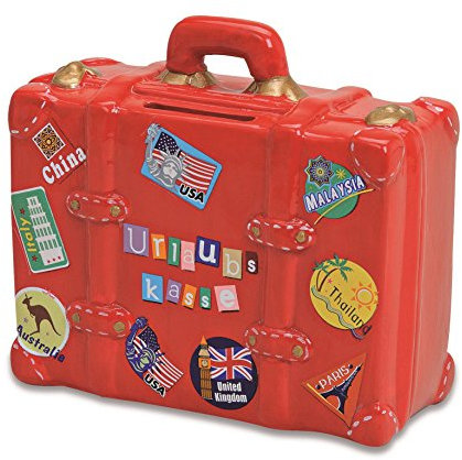 Spardose Urlaubskasse rot in Kofferform | Sparbüchse roter Reisekoffer mit Schlüssel und Schloss | Sparschwein abschließbar