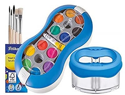 Pelikan , Aquarell, Deckfarbkasten 735 SP/12 mit 12 Farben und 1 Tube Deckweiß/Starter (blau mit Space-Wasserbecher + Pinsel-Set), 7-teilig