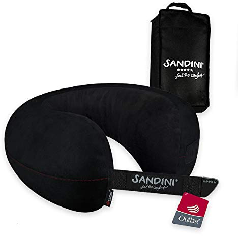 SANDINI TravelFix Outlast – Premium Reisekissen Made in EU/Nackenkissen mit ergonomischer Stützfunktion und Temperaturausgleich – Gratis Transporttasche mit Befestigungs-Clip - Made in EU