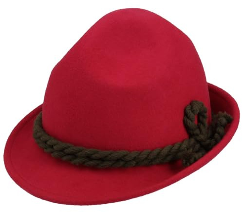 Kinder Dreispitz Wollfilzhut - Unifarbener Trachtenhut für Kinder - Sepplhut aus 100% Wollfilz - Wanderhut mit doppelter Kordel - Sommer/Winter rot 53 cm