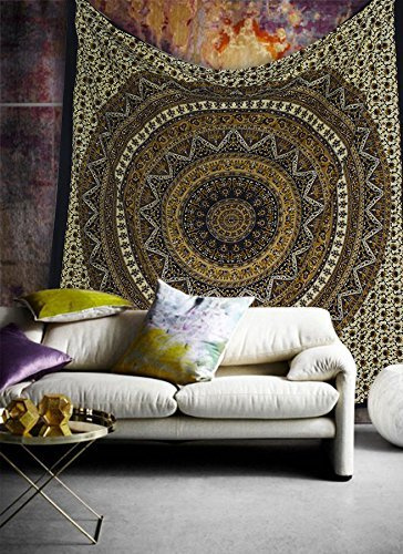 Popular Handicrafts Hippie-Mandala-Wandteppich, psychedelisch, aufwendiges Blumendesign, indisches magisches Denken, 215 x 230 cm, Braun