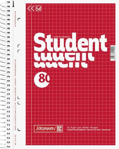 Brunnen 5 x Kollegblock Student A5 70g/qm kariert 80 Blatt rot