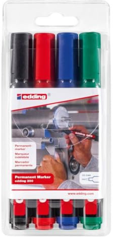 edding 300 Permanentmarker - schwarz, rot, blau, grün - 4 Stifte - Rundspitze 1,5-3 mm - wasserfest, schnell-trocknend - wischfest - für Karton, Kunststoff, Glas, Holz, Metall, Glas