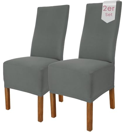 Scheffler Home Stuhlhussen 2er Set Grau Jersey Baumwolle Emma | Waschbare Stuhlbezüge, Stretch Chair Cover für Hochlehner, Polsterstühle und Esszimmerstühle, Öko-Tex zertifiziert